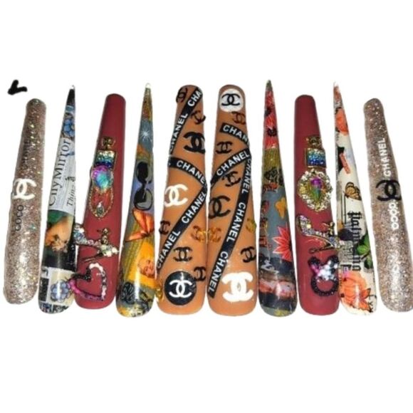 Hand crafted custom print 10pc 3xl acrylic press on nails sz Large - Picture 1 of 6